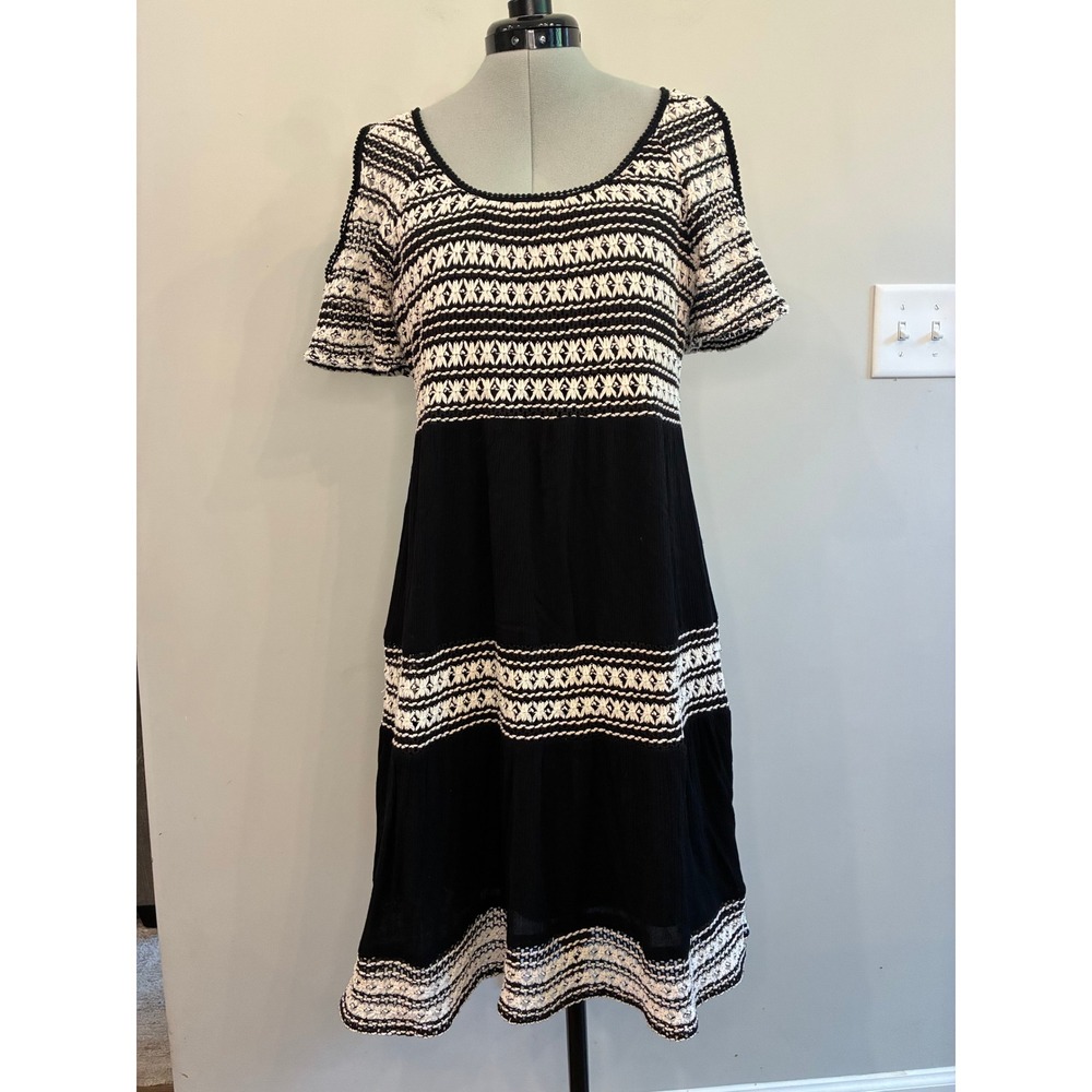 Spense Women Black Cream Embroidered Cold Shoulder Midi Dress Size 10 Boho
